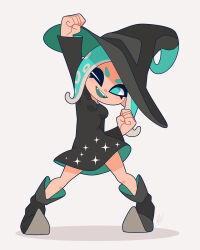  1girl aqua_eyes aqua_hair arm_up black_dress black_footwear black_hat boots breasts dress fangs hat highres long_sleeves looking_at_viewer louis_lloyd-judson nintendo octoling octoling_girl octoling_player_character octopus_girl one_eye_closed open_mouth pointy_ears small_breasts smile sparkle splatoon_(series) standing tentacle_hair tentacles white_background wink witch witch_hat 