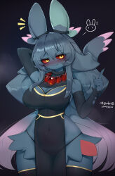  1girl absurdres black_dress blue_hair blush breasts cleavage cleavage_cutout clothing_cutout covered_navel creatures_(company) dark_blue_hair dress flutter_mane furry furry_female game_freak hand_on_own_head highres jewelry large_breasts looking_at_viewer mbct01 necklace nintendo pearl_necklace pokemon red_eyes thighhighs unusual_pupils  rating:General score:9 user:TG494