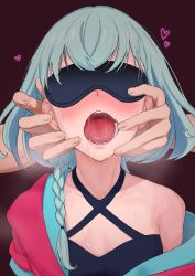  1girl blindfold blue_hair blush braid breasts copyright_request covered_eyes criss-cross_halter hair_over_shoulder halterneck heart highres long_hair open_mouth osame red_background saliva salvia small_breasts solo_focus upper_body 