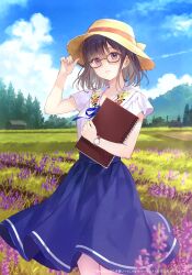 1girl absurdres adjusting_clothes adjusting_headwear arms_up black-framed_eyewear blue_ribbon blue_skirt blue_sky book cabin closed_mouth cloud cowboy_shot day field floral_print flower fukahire_(ruinon) glasses hand_up hat highres holding holding_book house lavender_(flower) long_skirt non-web_source notebook original outdoors purple_eyes purple_hair ribbon shirt short_sleeves skirt sky solo sun_hat tree utility_pole visible_ears watch wheat_field white_shirt wristwatch yellow_hat