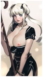  1girl blue_eyes blush breasts caesar female_focus gradient_background highres large_breasts mabinogi nao_(mabinogi) nipples realistic solo staff twintails undressing white_hair  rating:Questionable score:12 user:Biggangnam