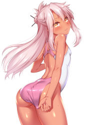 1girl :p adjusting_clothes adjusting_swimsuit ass bare_shoulders blush breasts chloe_von_einzbern closed_mouth competition_swimsuit cowboy_shot dark-skinned_female dark_skin fate/kaleid_liner_prisma_illya fate_(series) hair_bun hair_ornament hair_stick highres leaning_forward long_hair looking_at_viewer looking_back one-piece_swimsuit pink_hair simple_background single_hair_bun small_breasts smile solo swimsuit tongue tongue_out two-tone_swimsuit wedgie wet white_background yellow_eyes zirba rating:Sensitive score:418 user:danbooru