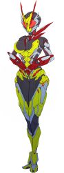 1girl absurdres armor asymmetrical_armor breasts catball1994 fake_horns full_body green_armor helmet highres horned_helmet horns is_(kamen_rider_01) kamen_rider kamen_rider_01_(series) kamen_rider_zero-two medium_breasts own_hands_together power_armor red_eyes science_fiction solo thighs tokusatsu white_background wide_hips  rating:Sensitive score:19 user:danbooru