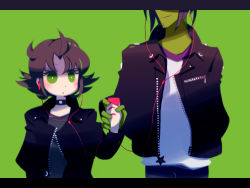  00s 1boy 1girl ace_(ppg) age_difference black_hair blush buttercup_(ppg) cartoon_network couple earphones fusionfall green_background green_eyes green_theme head_out_of_frame hetero jacket letterboxed lowres mintchoco_(mmn2) powerpuff_girls short_hair 