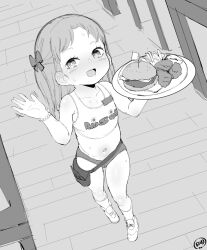  1girl blush born-to-die bracelet burger female_focus flat_chest food full_body highres hooters hotpants indoors jewelry loli long_hair looking_at_viewer monochrome smile solo standing sweat tagme  rating:Questionable score:202 user:ganso