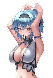  1girl absurdres adapted_costume alternate_hairstyle armband armpit_crease armpits arms_up bikini black_hairband blue_hair blush bracelet breasts brown_eyes closed_mouth eula_(genshin_impact) genshin_impact hair_between_eyes hair_ornament hair_tie_in_mouth hairband hands_up highres jewelry korean_commentary large_breasts looking_at_viewer medium_hair mouth_hold navel pearl_bracelet seemu_(wnslqjdignv_) sidelocks simple_background smile solo stomach swimsuit upper_body white_background white_bikini 