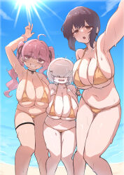  3girls :o ahoge arm_up armpits beach bikini black_choker black_hair blue_sky blush breasts brown_eyes choker cleavage cloud collarbone commentary_request curvy day grin gyaru hair_ornament hair_over_eyes hands_on_own_chest highres hot huge_breasts knees_together_feet_apart kogal large_breasts light_brown_hair long_bangs long_hair multiple_girls nail_polish navel open_mouth orange_bikini original outdoors outstretched_arm pink_eyes pink_hair plump rabbit_hair_ornament sho_(wnmf3234) short_hair sideboob skindentation sky smile standing stomach sun sweat swimsuit teeth twintails underboob upper_teeth_only v x_hair_ornament 