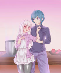  1boy 1girl absurdres alternate_costume apron blue_eyes blue_hair blush byleth_(fire_emblem) byleth_(male)_(fire_emblem) couple cutting_board fire_emblem fire_emblem:_three_houses height_difference highres holding lysithea_von_ordelia megayecgaa nintendo open_mouth pink_eyes pot simple_background sleeves_rolled_up smile sweater white_background white_hair  rating:Sensitive score:4 user:untitled22ddkc