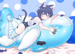 1boy animal_ears balloon blue_eyes blue_hair blush borrowed_character cat_boy cat_ears cat_tail censored collar dark_blue_hair fukipeke highres inflatable_toy lying male_focus on_stomach one-piece_swimsuit one_eye_closed penis see-through see-through_sleeves shota simple_background straddling striped_clothes striped_thighhighs swimsuit tail thighhighs thighs trap wet