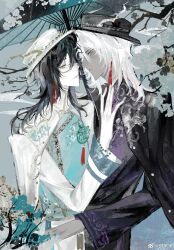 2boys aqua_hair bead_bracelet beads bespectacled black_hair black_hat black_jacket black_robe blue_background blue_vest boater_hat bracelet branch changpao chinese_clothes closed_mouth colored_skin duimimi earrings expressionless eyeliner face-to-face fake_horns fan_wujiu fan_wujiu_(qilin_merchant) floral_print flower from_side glasses gold_trim grey_skin hair_over_one_eye hand_on_another&#039;s_chest hand_up hat highres holding holding_umbrella horned_headwear horns identity_v jacket jacket_on_shoulders jade_(gemstone) jewelry long_hair long_sleeves looking_at_another looking_at_viewer makeup male_focus multicolored_hair multiple_boys official_alternate_costume oil-paper_umbrella one_eye_covered profile purple_eyes purple_vest red_eyeliner robe semi-rimless_eyewear shared_umbrella sideways_glance single_earring smile standing streaked_hair tassel tassel_earrings umbrella under-rim_eyewear upper_body vest weibo_logo weibo_watermark white_hair white_hat white_jacket white_robe white_skin xie_bian xie_bian_(qilin_merchant) yaoi yellow_eyes 