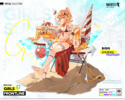 1girl artificial_eye artificial_eyes artist_request bandaged_arm bandages bare_shoulders barefoot beach beach_umbrella bikini bird black_bikini black_choker blonde_hair bottle bracelet breasts character_name chinese_text choker cleavage closed_mouth collarbone copyright_name english_text fishnet_legwear fishnets full_body girls&#039;_frontline goggles goggles_on_head grey_eyes hair_ornament hairclip highres holding holding_bottle jewelry legs lifebuoy looking_at_viewer mechanical_eye medium_breasts medium_hair nail_polish official_alternate_costume official_art orange_nails promotional_art sand side_ponytail simple_background sitting soles solo sterling_(girls&#039;_frontline) sterling_(melting_in_the_summer_heat)_(girls&#039;_frontline) swim_ring swimsuit toes umbrella water_bottle wet wet_face rating:Sensitive score:10 user:danbooru