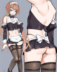 1boy arm_at_side artist_name ass back bare_shoulders black_bow black_bowtie black_panties black_skirt blue_eyes bow bowtie brown_hair commentary_request copyright_request dated detached_sleeves grey_background grey_thighhighs hand_on_own_hip highres long_hair long_sleeves looking_at_viewer maid_headdress male_focus microskirt midriff multiple_views navel panties panty_straps pantyshot puffy_detached_sleeves puffy_sleeves signature simple_background skirt tawapo thighhighs thong traditional_bowtie trap underwear white_bow 