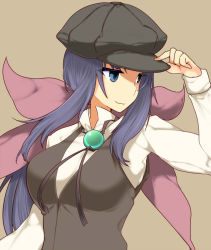  1girl aoguu blue_eyes breasts brown_background character_request closed_mouth commentary hand_on_headwear hat headwear_request long_hair long_sleeves looking_to_the_side medium_breasts multicolored_neckwear purple_hair sengoku_collection shadow shirt simple_background smile solo white_shirt 