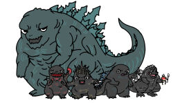  5boys abs absurdres alternate_form alternate_universe artist_request bones_(company) chibi crossover giant giant_monster godzilla godzilla:_planet_of_the_monsters godzilla_(series) godzilla_earth godzilla_minus_one godzilla_singular_point godzilla_x_kong:_the_new_empire highres jet_jaguar kaijuu king_kong_(series) legendary_pictures long_tail monster monsterverse multiple_boys orange_(company) polearm polygon_pictures reptile reptilian ruins sharp_teeth shin_godzilla simple_background sleeping solo spear spear_of_anguirus spiked_tail spikes tail teeth toho weapon white_background 