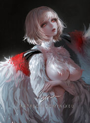  1girl artist_name blonde_hair breasts chimera dungeon_meshi falin_touden falin_touden_(chimera) feathered_wings feathers highres large_breasts lips long_eyelashes looking_at_viewer mole mole_on_breast monster_girl nipples nixeu nose patreon_username red_eyes short_hair signature simple_background slit_pupils spoilers watermark web_address wings 