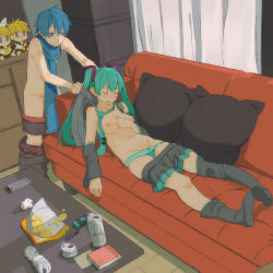 1boy 1girl aqua_hair au_(autlaws) beer_can black_footwear black_thighhighs blood blue_eyes blue_hair blue_scarf boots bow bow_panties breasts cameo can cellphone character_doll chips_(food) clothes_pull convenient_censoring couch detached_sleeves drink_can drunk food green_panties hatsune_miku hetero kagamine_len kagamine_rin kaito_(vocaloid) legs long_hair lying medium_breasts miniskirt necktie nipples nosebleed on_back panties panty_pull phone pillow revision scarf shota skirt skirt_pull sleeping smile snack striped_clothes striped_panties stuffed_toy thigh_boots thighhighs thighhighs_pull topless unconscious underwear undressing vocaloid you_gonna_get_raped rating:Questionable score:172 user:danbooru
