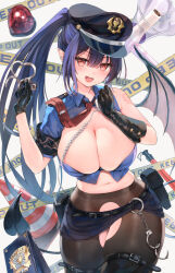  1girl :d armband asymmetrical_gloves black_gloves black_pantyhose blue_skirt blush breasts cleavage collared_shirt commentary_request cowboy_shot cuffs demon_girl demon_tail demon_wings ear_piercing elbow_gloves gloves handcuffs hands_up hat highres holding holding_handcuffs large_breasts long_hair looking_at_viewer microskirt mismatched_gloves navel necktie open_mouth original pantyhose piercing pointy_ears police police_hat police_uniform ponytail red_eyes red_necktie shirt single_bare_shoulder skirt smile solo stomach sune_(mugendai) tail thigh_strap thighs traffic_cone uniform white_background wings 