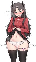 1girl black_hair black_ribbon black_skirt black_thighhighs blush breasts clothes_lift fate/stay_night fate_(series) hair_ribbon half-closed_eyes highres kobinbin lifting_own_clothes long_hair long_sleeves looking_at_viewer medium_breasts panties pussy_juice red_sweater ribbon see-through simple_background skirt skirt_lift solo sweat sweater thighhighs tohsaka_rin underwear vibrator_cord white_background rating:Explicit score:119 user:danbooru