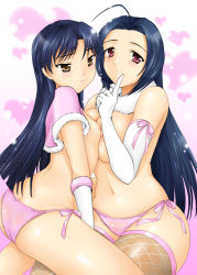 2girls ahoge artist_request asymmetrical_docking breast_press breasts curvy finger_to_mouth fishnets flat_chest gloves idolmaster idolmaster_(classic) kisaragi_chihaya miura_azusa multiple_girls panties side-tie_panties thighhighs topless underwear yuri rating:Questionable score:20 user:Submariner
