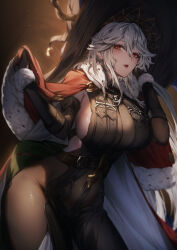  1girl black_dress black_gloves black_hat blush breasts dress elbow_gloves genyaky gloves granblue_fantasy grey_hair hat highres large_breasts large_hat leaning_forward long_hair looking_at_viewer magisa_(granblue_fantasy) parted_lips red_eyes sideboob signature smile solo thighs witch_hat 