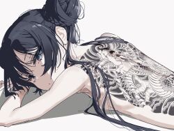  back_tattoo black_hair blue_archive breasts completely_nude double_bun dragon_tattoo grey_eyes hair_bun highres kisaki_(blue_archive) long_hair looking_at_viewer ltotyht lying nude on_stomach simple_background small_breasts tattoo twintails white_background 