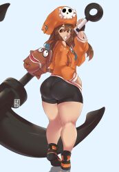 1girl anchor ass backpack bag bare_shoulders bike_shorts black_shorts breasts brown_hair curvy female_focus fingerless_gloves from_behind gloves guilty_gear hair_between_eyes hand_in_pocket hat hexprinxess highres holding holding_weapon hood hoodie huge_ass kneepits legs long_hair long_sleeves looking_back looking_to_the_side may_(guilty_gear) medium_breasts orange_eyes orange_hat panties pantylines pirate plump reflective_floor see-through_shorts shoes shorts sidelocks simple_background smile solo standing thick_thighs thighs underwear weapon white_background white_panties  rating:Sensitive score:80 user:savingsgoldmedal