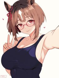  1girl breasts brown_hair character_request ears glasses hekiga_(freelot) large_breasts looking_at_viewer red_eyes short_hair sideboob solo source_request swimsuit tagme twitter_username v white_background  rating:Explicit score:4 user:A.V.