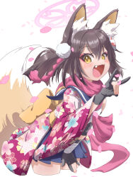 1girl :d absurdres animal_ear_fluff animal_ears arm_support black_gloves black_hair blue_archive commentary_request eyeshadow falling_petals fingerless_gloves fox_ears fox_girl fox_hair_ornament fox_shadow_puppet fox_tail gloves hadanugi_dousa hair_between_eyes hair_ornament highres izuna_(blue_archive) japanese_clothes leaning_forward long_sleeves looking_at_viewer makeup medium_hair ninja one_side_up open_kimono open_mouth petals pleated_skirt pom_pom_(clothes) pom_pom_hair_ornament red_eyeshadow rope scarf school_uniform serafuku shimenawa sidelocks skirt smile solo tail tomonx white_background white_scarf wide_sleeves yellow_eyes 