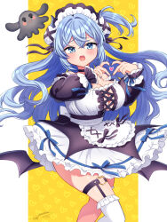  1girl apron black_choker black_dress black_nails black_wings blue_eyes blue_hair blue_horns blue_ribbon blush breasts center_frills choker cleavage cross-laced_clothes cross-laced_dress crossed_bangs demon_girl dress fang frilled_apron frills heart heart_background heart_hands heart_o-ring highres horn_ornament horns indie_virtual_youtuber large_breasts long_hair low_wings maid maid_headdress maou_chirorunia mascot mio1030 open_mouth ribbon signature single_thighhigh thighhighs two-tone_dress virtual_youtuber white_apron white_dress white_thighhighs wings yellow_background 