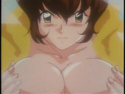  1990s_(style) animated blush breasts breasts_squeezed_together brown_hair cleavage close-up collarbone grabbing_own_breast green_eyes groping iketeru_futari large_breasts lowres nude retro_artstyle shiny_skin sound sound_effects tagme towel towel_around_neck umemiya_yuki video yellow_towel  rating:Questionable score:23 user:Boobs_The_Movie_Musical