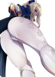  1girl ass blonde_hair blue_capelet blue_eyes blush bow breasts capelet coattails fumihiko_(fu_mihi_ko) gauntlets genshin_impact hair_bow highres jean_(genshin_impact) large_breasts long_hair looking_at_viewer looking_back multicolored_capelet pants ponytail sidelocks solo tight_clothes tight_pants white_pants  rating:Sensitive score:139 user:danbooru