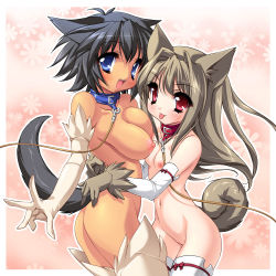 2girls age_difference animal_ears breasts cleft_of_venus collar cowboy_shot dog_ears dog_tail elbow_gloves flat_chest gloves large_breasts leash loli multiple_girls nipples no_bra no_panties onee-loli original petite pussy small_breasts sorimura_youji tail thighhighs uncensored yuri rating:Explicit score:36 user:danbooru