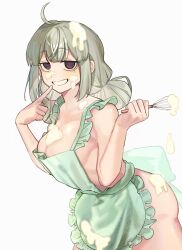  1girl apron araga_kiwi ass batter blonde_hair breasts cleavage commentary_request cowboy_shot double_bun finger_to_mouth food food_on_body food_on_breasts food_on_face food_on_head frilled_apron frills green_apron grin hair_bun hands_up highres mahou_shoujo_ni_akogarete medium_breasts mole mole_under_eye naked_apron object_on_head purple_eyes saiki_(mumei_912) sideboob simple_background smile solo whisk white_background 