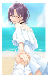 1boy 1girl :d antenna_hair asakura_toru bare_shoulders beach black_choker blue_sky breasts choker closed_eyes cloud day dress ear_piercing highres holding_hands idolmaster idolmaster_shiny_colors light_blush long_hair looking_back lower_teeth_only nail_polish ocean off-shoulder_dress off_shoulder oga_raito open_mouth outdoors outstretched_hand parted_bangs piercing pov purple_hair sand short_hair short_sleeves sky small_breasts smile teeth water white_dress wind wind_lift rating:Sensitive score:9 user:danbooru