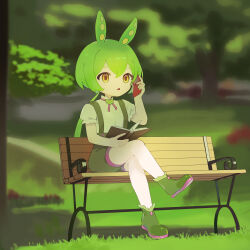  1girl bad_hands bench book boots caret0606 crossed_legs green_footwear green_hair green_shorts green_suspenders hair_between_eyes highres holding holding_book holding_phone open_book park park_bench parted_lips phone puffy_short_sleeves puffy_sleeves ran_ran_ru shirt short_sleeves shorts sitting solo voicevox white_shirt yellow_eyes zundamon 