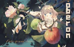  antagonist_n apple blanca_(fate) blue_eyes bug butterfly chibi cloak english_text fate/grand_order fate_(series) flower food fruit highres insect moth oberon_(fate) oberon_(first_ascension)_(fate) tree white_cloak white_hair 