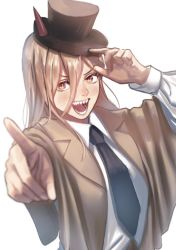 +_+ 1girl :d black_hat black_necktie blonde_hair blurry blush breasts brown_coat chainsaw_man coat collared_shirt commentary cross-shaped_pupils demon_horns depth_of_field dress_shirt foreshortening hair_between_eyes hand_on_headwear hat horns horns_through_headwear lips long_hair long_sleeves looking_at_viewer necktie open_clothes open_coat open_mouth pointing pointing_at_viewer power_(chainsaw_man) red_eyes riki_(riki_unc) sharp_teeth shirt simple_background small_breasts smile solo symbol-shaped_pupils teeth top_hat upper_body v-shaped_eyebrows white_background white_shirt wing_collar rating:General score:9 user:danbooru
