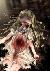  1girl bleeding blonde_hair blood blood_from_mouth blood_on_clothes blood_on_face broiler death dress empty_eyes hair_spread_out highres injury long_hair lying neck_ribbon nosebleed on_back original outdoors purple_eyes purple_ribbon ribbon ryona solo sunlight white_dress  rating:Questionable score:4 user:danbooru