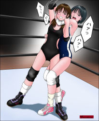  2girls black_eyes black_hair blush brown_eyes brown_hair clenched_teeth competition_swimsuit domina_hole elbow_pads headlock knee_pads multiple_girls one-piece_swimsuit open_mouth shoes short_hair sweat swimsuit teeth twintails wink wrestling wrestling_ring 