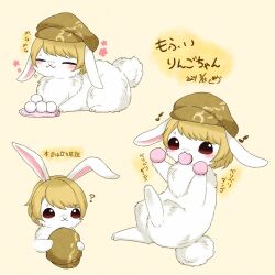  1226_waka :x ? animal_focus animalization blonde_hair blush brown_hat cabbie_hat commentary_request dango eating food full_body hat highres mg_mg multiple_views musical_note no_humans rabbit ringo_(touhou) ringo_(touhou)_(bunny) simple_background touhou translation_request wagashi yellow_background 