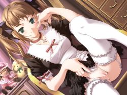 1girl brown_hair chair choker clothes_lift doll dutch_angle female_focus finger_to_mouth frills game_cg garter_belt green_eyes l&#039;heure_bleue leg_lift lise_(l&#039;heure_bleue) looking_at_viewer maid mizutani_tooru no_panties presenting pussy ribbon sitting skirt skirt_lift solo stuffed_animal stuffed_toy thighhighs third-party_edit twintails uncensored white_thighhighs rating:Explicit score:72 user:danbooru