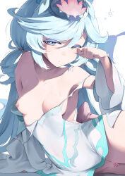  1girl absurdres aqua_eyes aqua_hair blush breasts breasts_out censored crown detached_sleeves dragon_king_sharun dress epic_seven hair_ornament highres karadborg long_hair long_sleeves looking_at_viewer nipples off_shoulder one_eye_closed simple_background small_breasts solo white_background white_dress  rating:Questionable score:25 user:danbooru