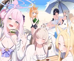  6+girls :d ^_^ alternate_costume alternate_hairstyle angel_wings animal_ear_fluff animal_ears beach beach_chair beach_umbrella bikini black_hair black_one-piece_swimsuit blonde_hair blue_archive blue_eyes blue_sky blunt_bangs blurry braid breasts brown_hair cat_ears cat_girl cleavage closed_eyes cloud cloudy_sky collared_shirt commentary_request cosplay daran9 depth_of_field double_bun extra_ears feathered_wings flower forehead fox_ears fox_girl grey_hair hair_between_eyes hair_bun hair_down hair_flower hair_ornament hair_over_one_eye hair_scrunchie halo hifumi_(blue_archive) hifumi_(blue_archive)_(cosplay) hifumi_(swimsuit)_(blue_archive) highres hinata_(blue_archive) hinata_(swimsuit)_(blue_archive) horizon large_breasts long_hair looking_at_viewer mari_(blue_archive) mari_(swimsuit)_(blue_archive) mika_(blue_archive) multiple_girls nagisa_(blue_archive) navel ocean official_alternate_costume official_alternate_hairstyle one-piece_swimsuit open_clothes open_mouth open_shirt orange_eyes orange_hair outdoors parted_bangs pink_hair red_eyes sakurako_(blue_archive) scrunchie seia_(blue_archive) selfie shirt sidelocks single_braid sisterhood_(blue_archive) sitting sky smile spaghetti_strap stomach swimsuit tea_party_(blue_archive) umbrella v white_bikini white_one-piece_swimsuit white_shirt white_wings wings yellow_eyes 