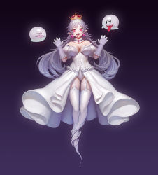  1girl banajune bare_shoulders boo_(mario) collar commentary_request crown dress earrings frilled_dress frilled_gloves frills garter_straps ghost ghost_pose gloves gradient_background jewelry ladder_lottery long_hair long_tongue luigi&#039;s_mansion mario_(series) new_super_mario_bros._u_deluxe nintendo panties princess_king_boo puffy_short_sleeves puffy_sleeves red_eyes revision sharp_teeth short_sleeves silver_hair super_crown teeth tongue tongue_out underwear white_dress white_gloves white_legwear 