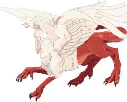 1girl bob_cut body_fur centaur chimera closed_eyes dragon_girl dungeon_meshi facing_ahead falin_touden falin_touden_(chimera) feathered_wings monster_girl nude ojigi short_hair simple_background solo spoilers standing taur white_background white_hair white_wings wings