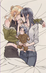 2girls 3girls absurdres aihara_mei aihara_yuzu baby baby_carry bad_id bad_pixiv_id black_hair blonde_hair blush breasts carrying child citrus_(saburouta) closed_eyes couple ear_blush earrings family female_focus glidesloe green_eyes highres holding_baby if_they_mated ips_cells jewelry long_hair lying mother_and_child mother_and_daughter multiple_girls open_mouth ring shirt shoulder_blush simple_background smile step-siblings step-sisters wedding_ring wife_and_wife yuri 
