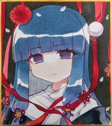  1girl aged_up black_background blue_hair blunt_bangs closed_mouth dot_nose empty_eyes expressionless furude_rika hair_ornament highres higurashi_no_naku_koro_ni higurashi_no_naku_koro_ni_mei japanese_clothes kimono long_hair looking_at_viewer marker_(medium) official_alternate_costume official_alternate_hairstyle petals purple_eyes ribbon shikishi solo traditional_media white_kimono yasonomugi 