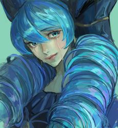 1girl black_bow black_dress blue_hair bow closed_mouth commentary_request crying crying_with_eyes_open dress drill_hair green_background gwen_(league_of_legends) hair_bow highres league_of_legends long_hair looking_at_viewer seulbaeg_(s100su) shiny_skin simple_background solo tears twin_drills twintails upper_body rating:Sensitive score:3 user:danbooru