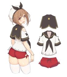 1girl ass atelier_(series) atelier_ryza atelier_ryza_1 bare_arms bare_shoulders black_neckerchief blush bracelet brown_eyes brown_hair commentary_request cropped_legs dan_(kumadan) from_behind hair_ornament hairclip hat hat_ribbon highres jewelry looking_at_viewer looking_back neckerchief open_mouth red_shorts reisalin_stout ribbon sailor_collar school_uniform serafuku shirt short_hair short_shorts shorts simple_background skindentation smile solo thighhighs thighs white_background white_hat rating:Sensitive score:13 user:danbooru