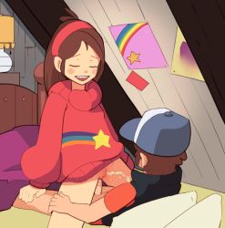  1boy 1girl anal bottomless bracelet brother_and_sister child_on_child cleft_of_venus clitoris closed_eyes cowgirl_position dipper_pines full_body gravity_falls hairband hetero highres holding incest indoors jewelry loli mabel_pines open_mouth pee peeing penis pillow pussy sex shota siblings straddling sweater twins uncensored urinate  rating:Explicit score:290 user:Firestarter1
